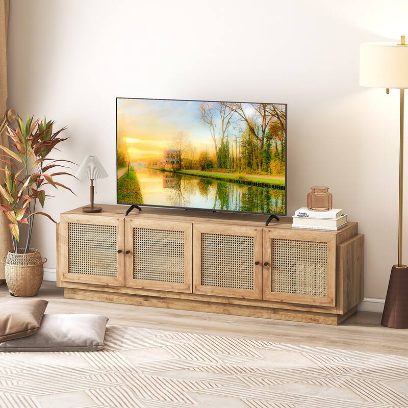 Gymax 4-Door PE Rattan Media Console Table Farmhouse TV Stand for TVs