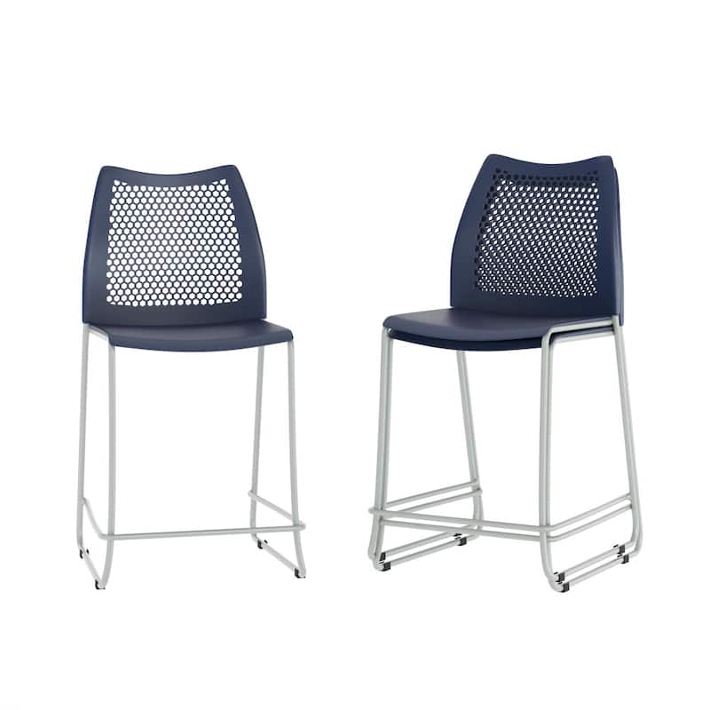 3 Pack Stackable Sled Base Counterstool with Vented Back and Integrated Footrest - 19.75"W x 22"D x 37.5"H - Navy Plastic/Gray Frame
