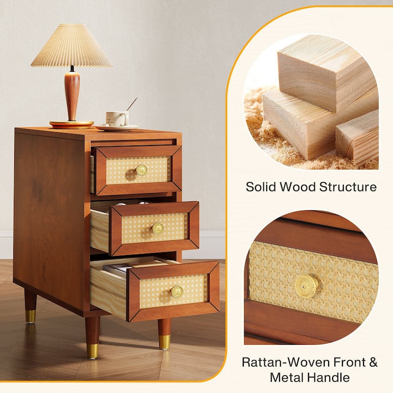 Solid Wood End Table with 3 Drawers, Narrow Sofa Side Table