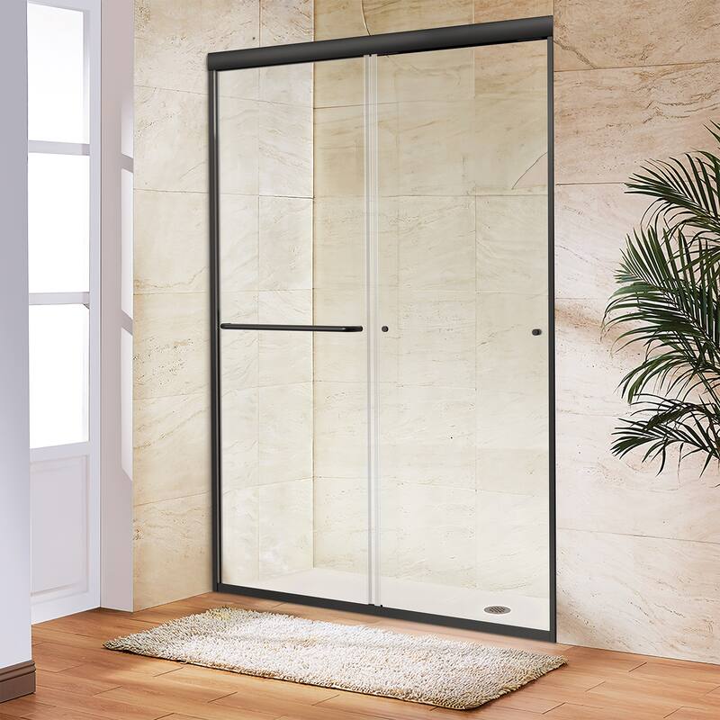 Matte Black Semi-Frameless Double-sliding Shower Door with Clear Glass - 48 in.Wx72 in.H - Black
