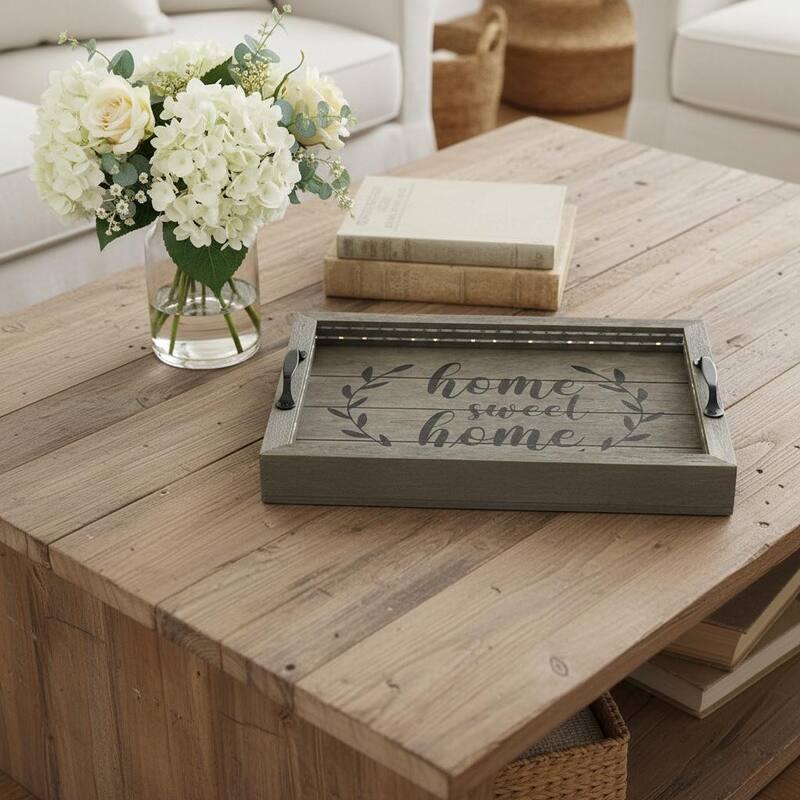 HomeRoots 16" Dark Gray And Black Home Sweet Home Serving Tray With Handles And LED Lights - 15.50 in. x 2.25 in. x 12.00 in. - Black/Gray - 15.50 in. x 2.25 in. x 12.00 in.