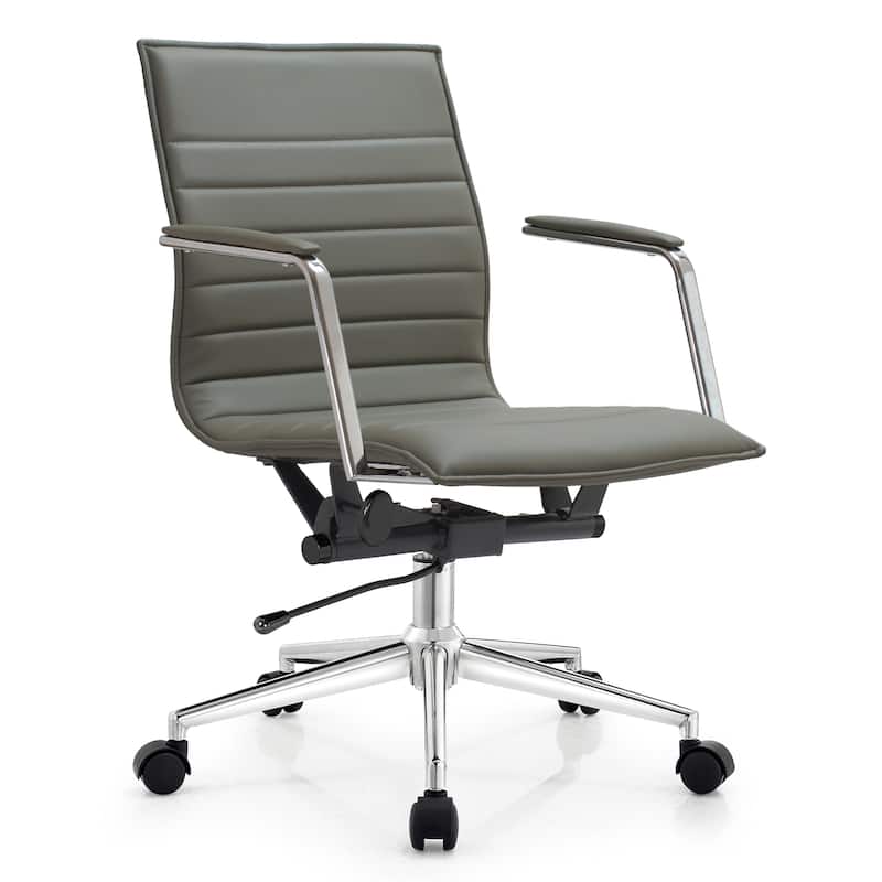 Modern Office Desk Chair | Upholstered PU Leather Ribbed Mid Back with Metal Frame | Adjustable Height, Tilt Lock -  Upholstered PU Leather Ribbed Mid Back with Metal Frame | Adjustable Height, Tilt Lock|Grey