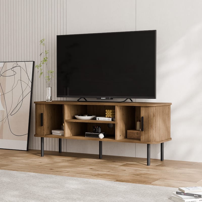 Mid-Century Modern Media Console, Tambour TV Stand with Storage Cabinet and Shelf