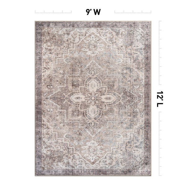 dimension image slide 3 of 17, Floral Medallion Washable Rug – Low Pile, Non-Slip, Ideal for Entryway, Living Room, and Bedroom