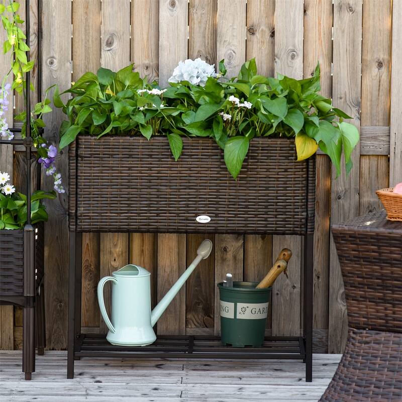 Outsunny Raised Garden Bed,Elevated Planter Box w/Rattan Wicker Look