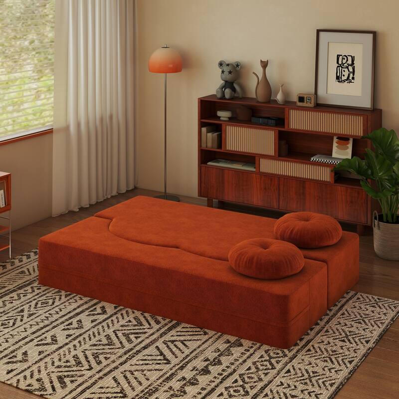 Convertible Plush Corduroy Foam-Filled Sleeper Sofa Bed - orange