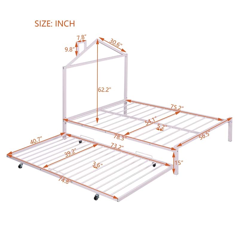 Full Size House Shaped Metal Platform Bed with Trundle