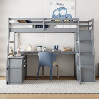 Full Loft Bed with 7 Drawers, Desk, and Shelves - Grey Playhouse Design
