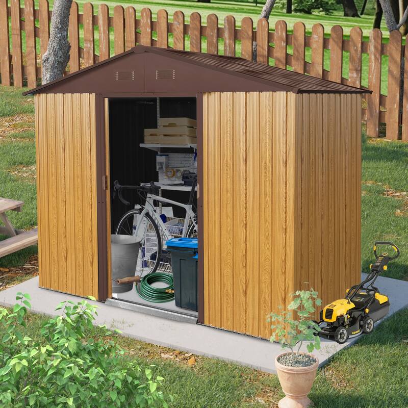 8ft x 4ft Outdoor Metal Storage Shed with Sliding Door and foundation for Backyard, Patio, Lawn - Coffee