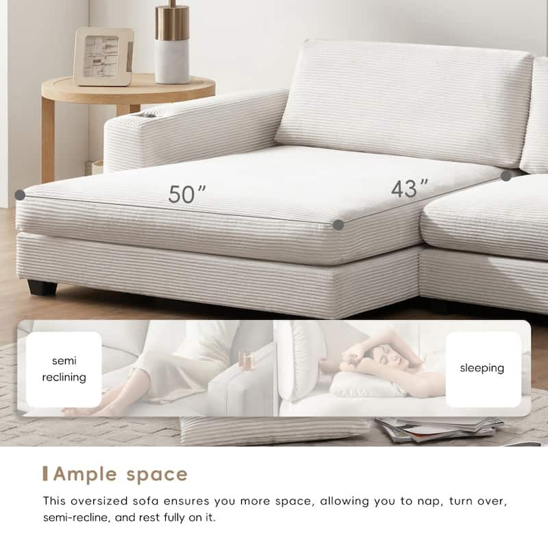 134" Oversized Corduroy Sectional L-shaped Cloud Sofa with USB Charging Port and Cup Holder
