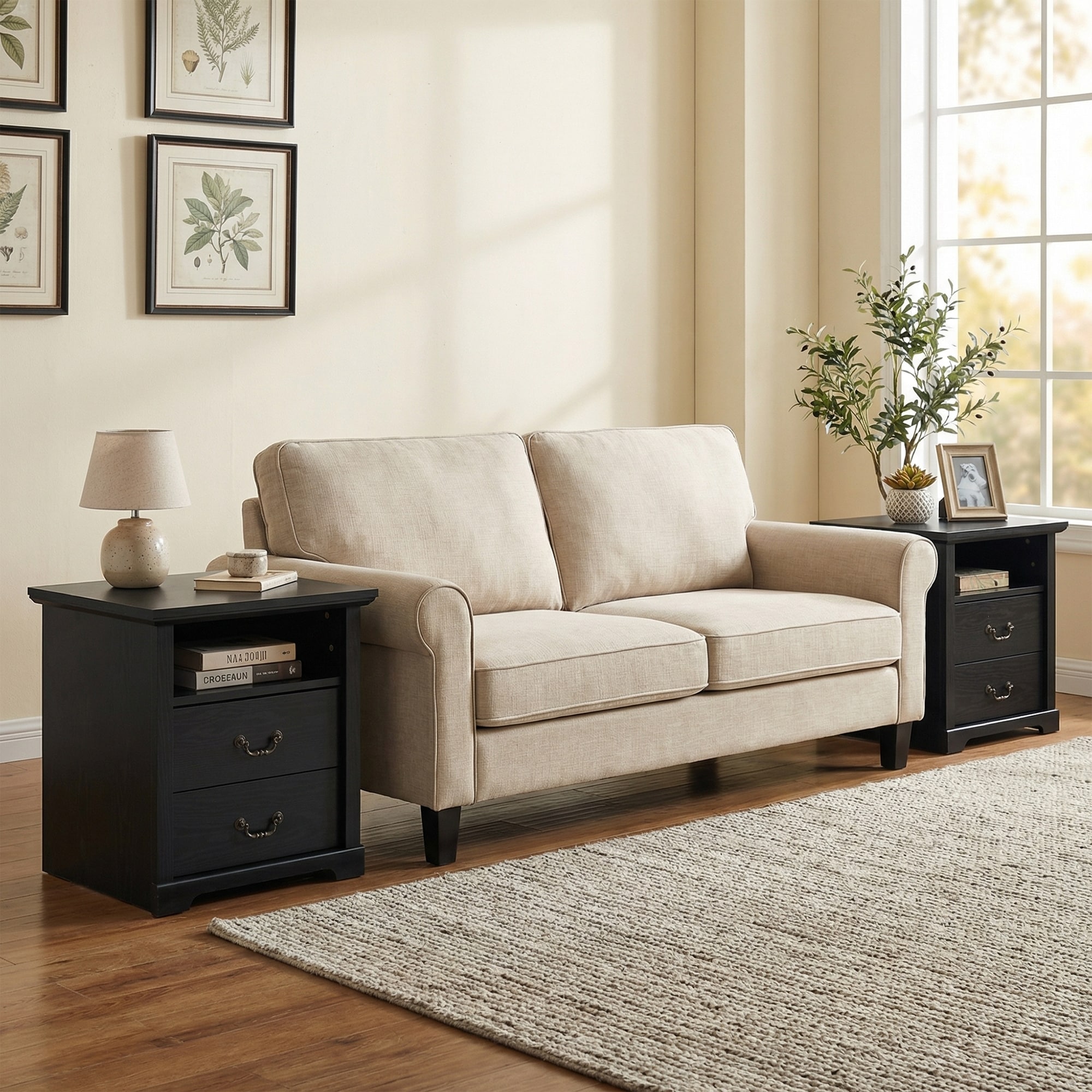 Modern Black Nightstands (Set of 2) with Open Shelf and 2 Drawers