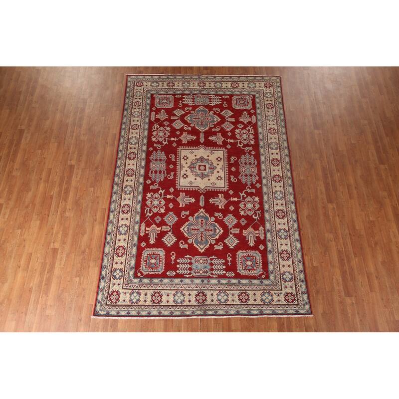 Red Geometric Kazak Living Room Area Rug Hand-Knotted Wool Carpet - 6'7" x 10'1"