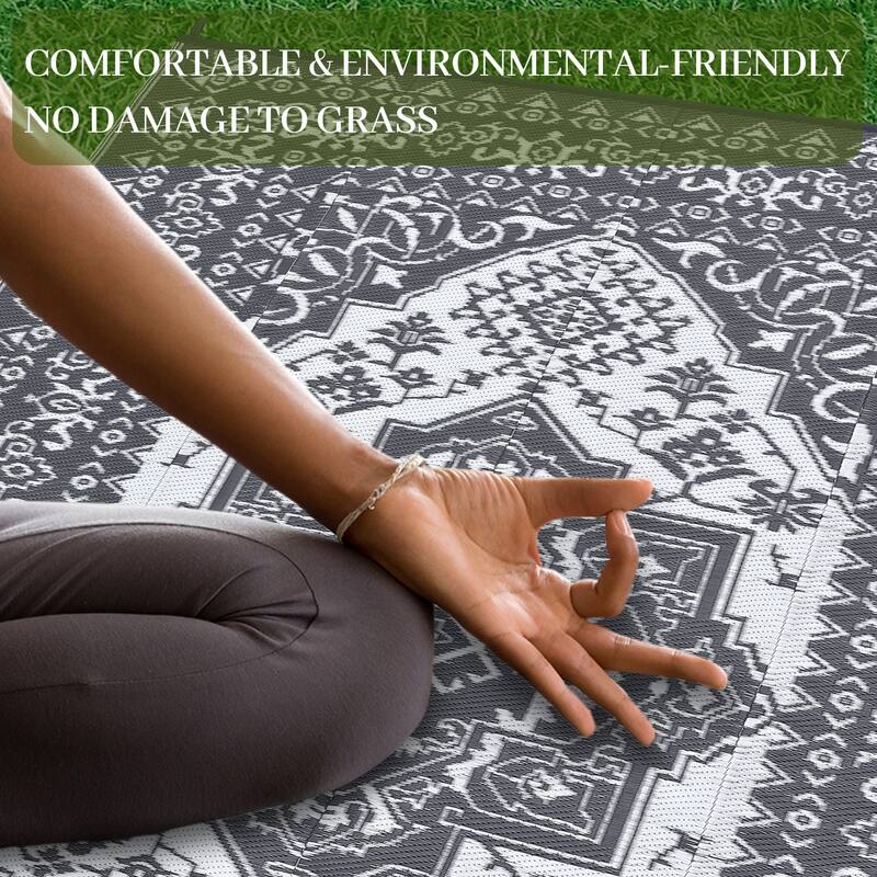 Outdoor Patio Rug Waterproof Reversible Carpet Vintage Boho Medallion Rug Plastic Straw Rug
