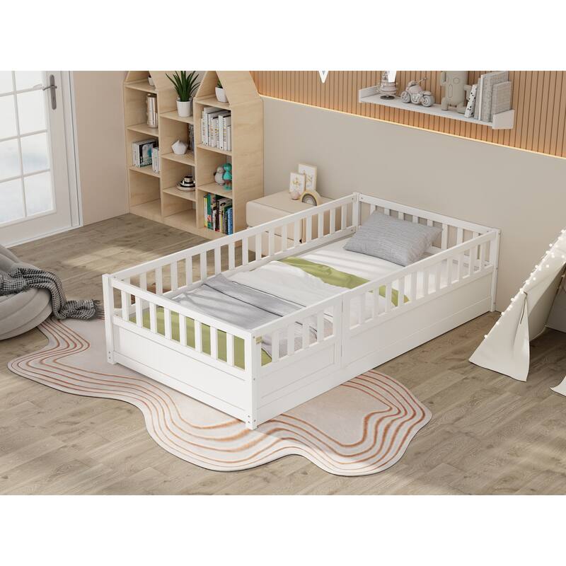 Children's Twin Floor Bed with Safety Guardrails & Door, Montessori Wooden Bed Frame for Bedroom Play Area