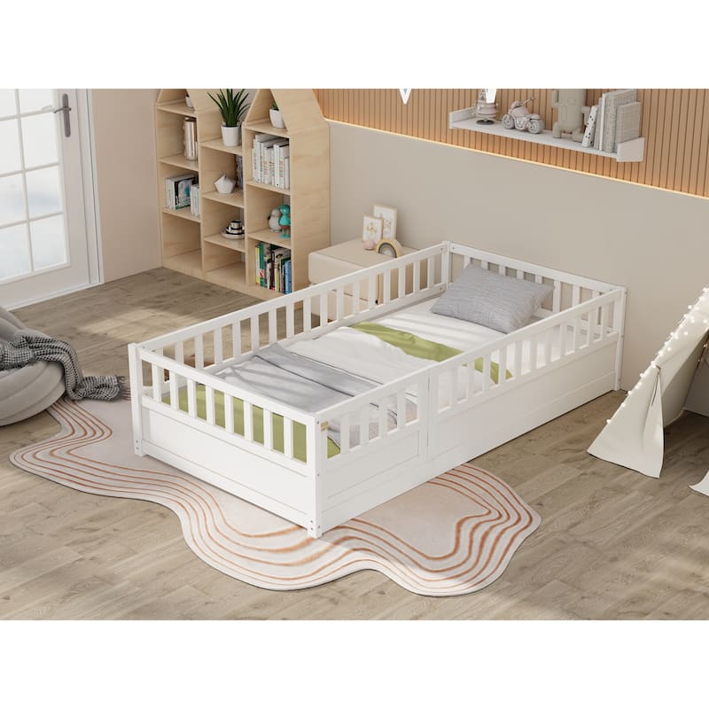 Pine Floor Bed with Guardrail & Door