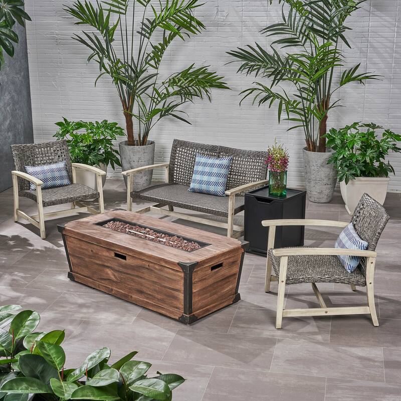 Azalea Outdoor 3 Piece Wood and Wicker Chat Set with Fire Pit by Christopher Knight Home - Light Gray Finish, Mixed Black, Brown