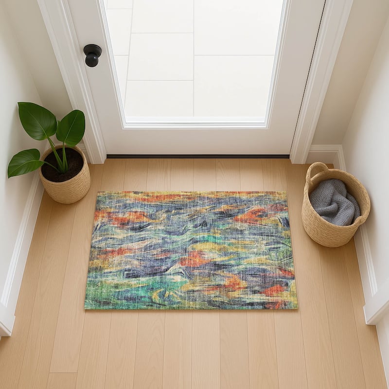 Machine Washable Indoor/ Outdoor Brushstrokes Modern Chantille Rug