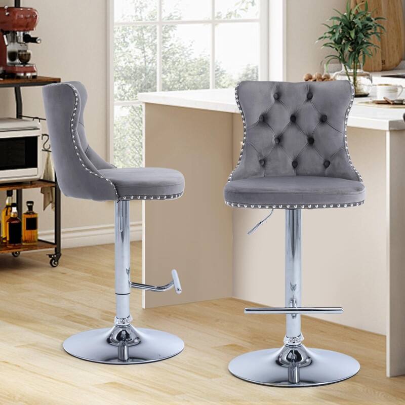 Velvet Upholstered Nailheads Tufted Swivel Bar Stools (Set of 2)