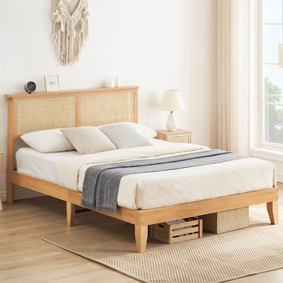 Ail Modern Wooden Platform Bed Frame with Natural Rattan Headboard