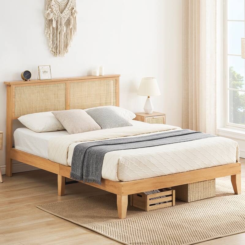 Ail Modern Wooden Platform Bed Frame with Natural Rattan Headboard - Square - Queen