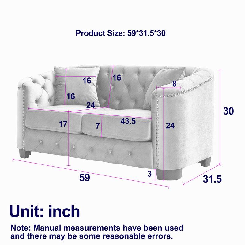59-Inch Modern Chesterfield Velvet Sofa, 2-Seater Sofa, Upholstered Tufted Backrests with Nailhead Arms and 2 Cushions for Livin