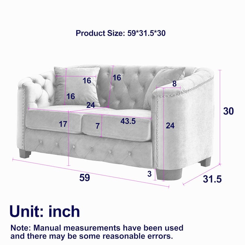 Black 59'' Modern Velvet 2-Seater Sofa with Tufted Backrests, Nailhead Trim, and 2 Pillows