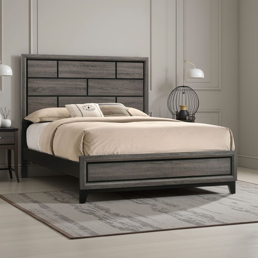 Grooved Panel Contemporary Eastern King Bed with Tapered Legs, Gray