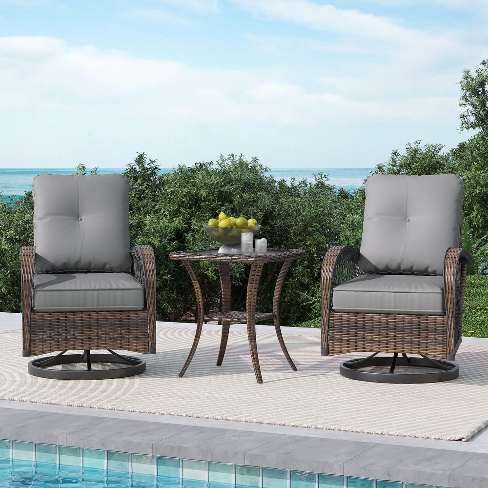 EROMMY Outdoor 3 Pieces Swivel Rocker Patio Chair Sets with Glass Table, All-Weather Wicker & Thickened Cushions for Backyard