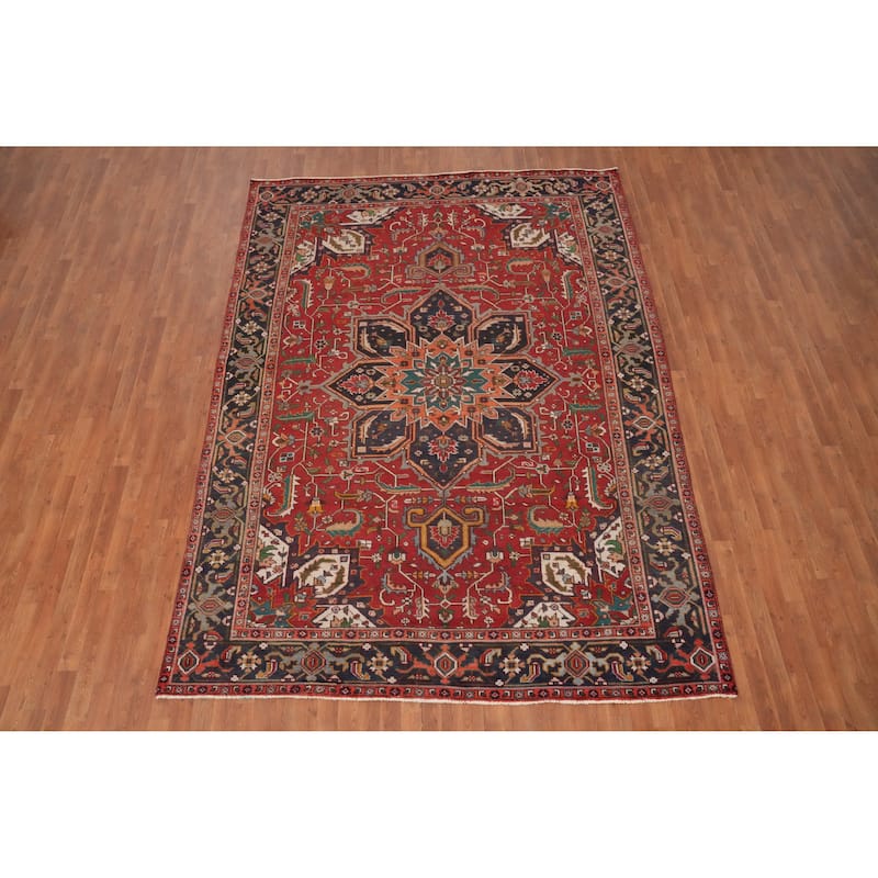 Hand Knotted Oriental 100% Wool Carpet Traditional Floral Red Heriz Area Rug - 11' 1'' X 7' 11''