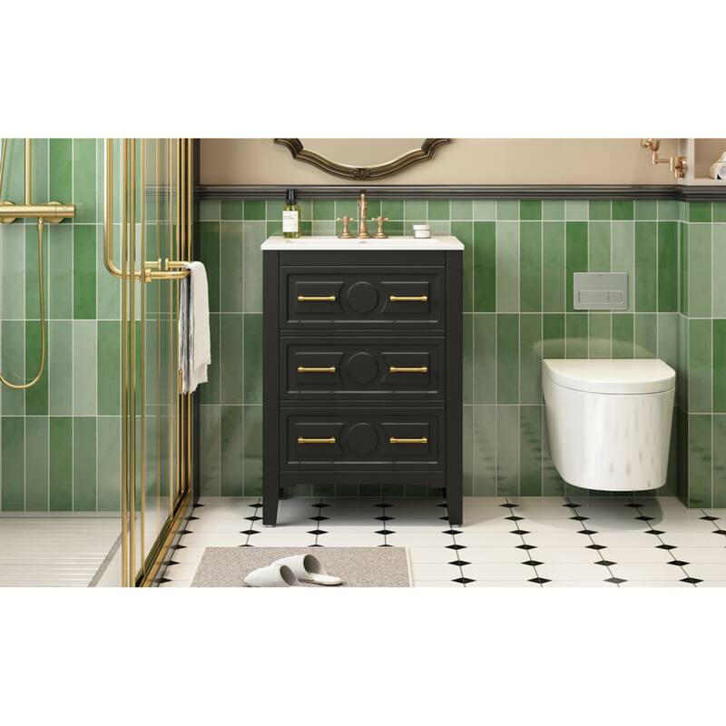 Roomfitters 24 Inch Bathroom Vanity with Ceramic Sink Combo, Free Standing Solid Wood Frame Cabinet with 3 Sliding Tiers