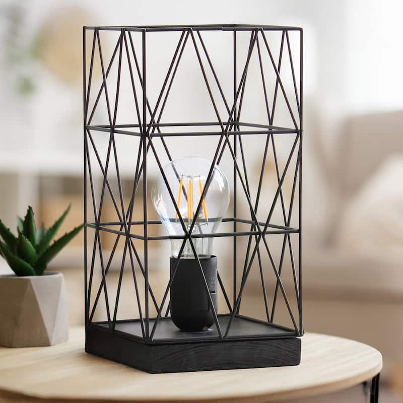 Metal Cage Geometric Table Lamp with Rectangular Shade - 5 x 5 x 10 in. (L x W x H)