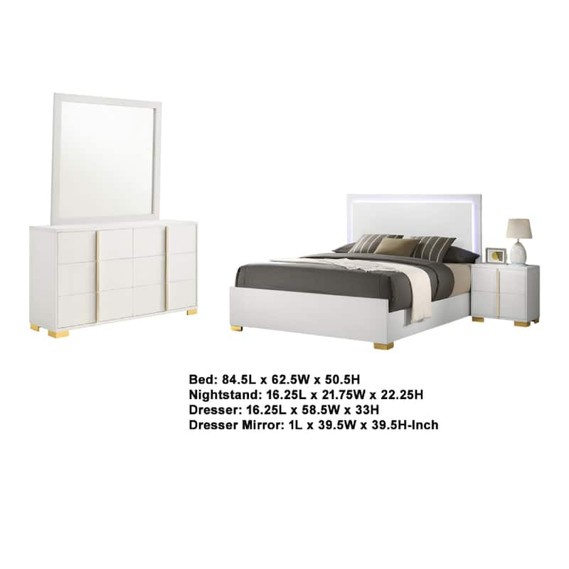 Dex 4pc Queen Bedroom Set with Modern LED Headboard, Mirror, White