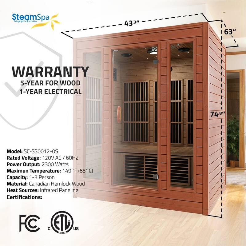 SteamSpa 3-Person 2.3KW Carbon FAR Infrared Hemlock Wooden Indoor Home Sauna Room with LED Touch Control Panel