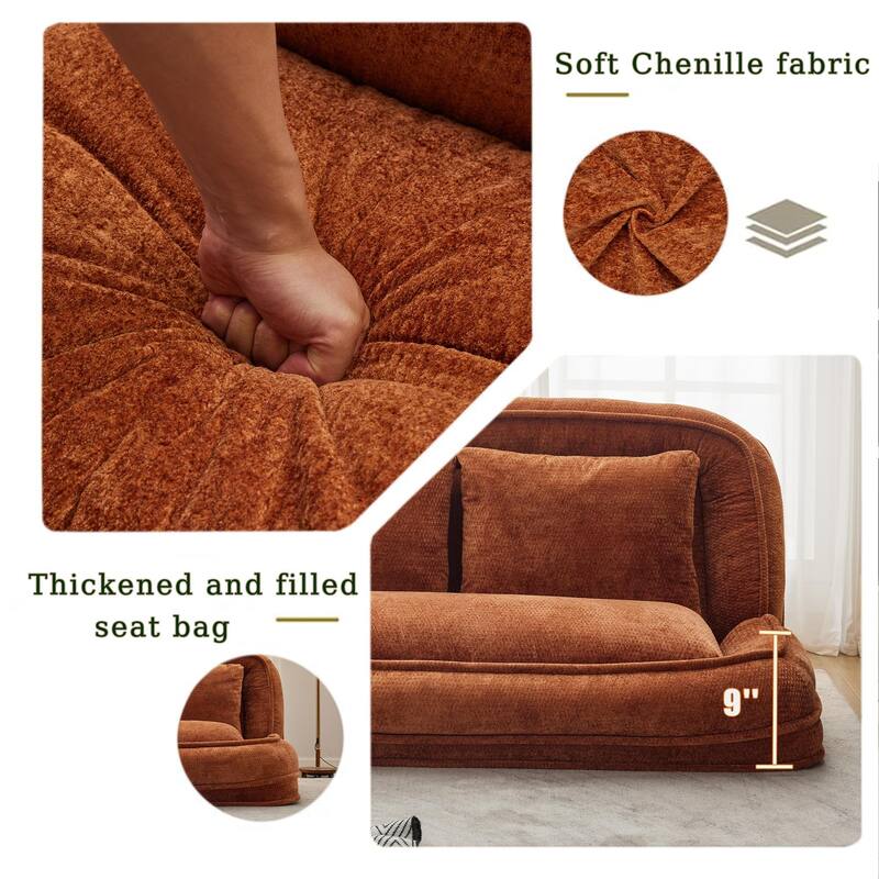 Pet Friendly Lazy Loveseat Sofa 2-in-1 Chenille Floor Couch Double Human Sleeper Bed with 5 Adjustable Position, Plump Pillows