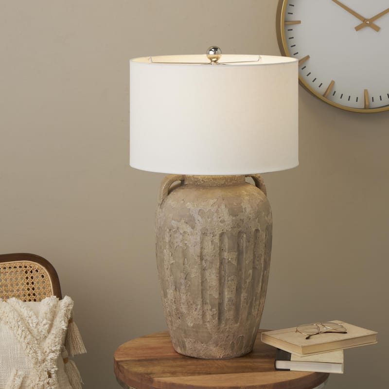 Ceramic Distressed Antique Style Pot Vase Room Table Lamp with Cream Linen Shade - Brown, Black, Cream - Roche River Decor