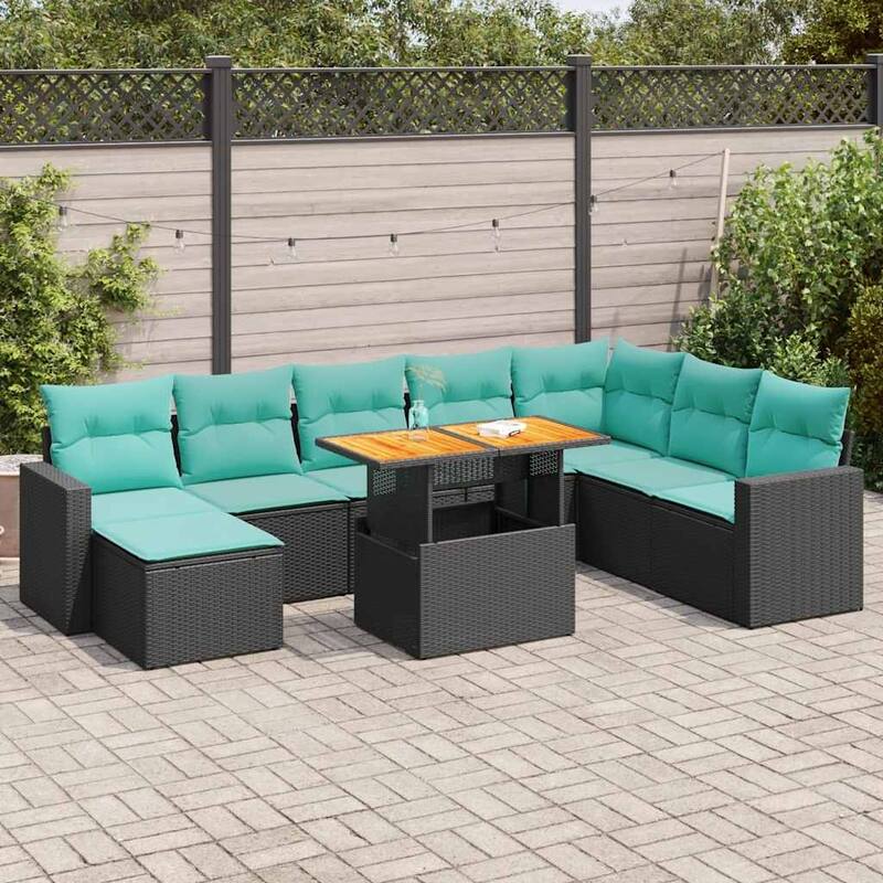 vidaXL 9 Piece Patio Sofa Set with Cushions Black Poly Rattan - 21.7 x 24.4 x 27.2