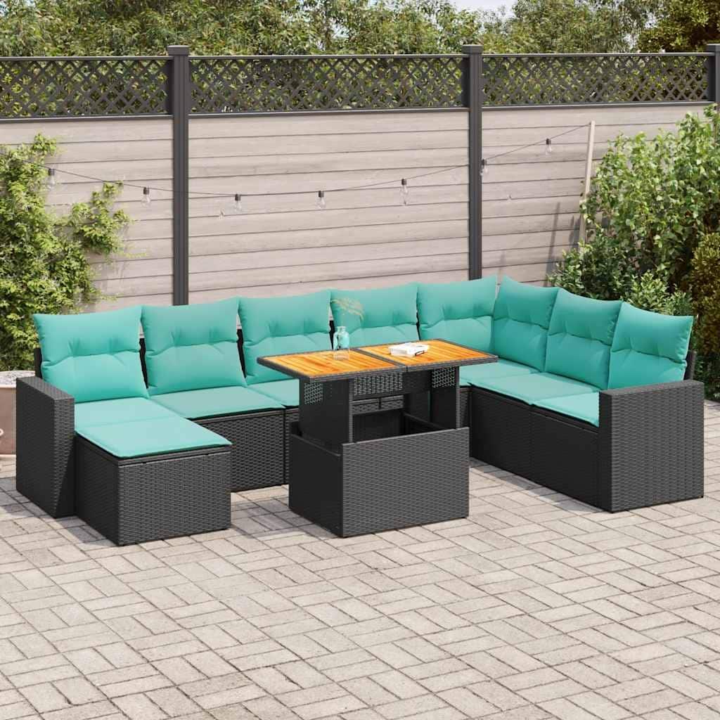 vidaXL 9 Piece Patio Sofa Set with Cushions Black Poly Rattan - 21.7 x 24.4 x 27.2