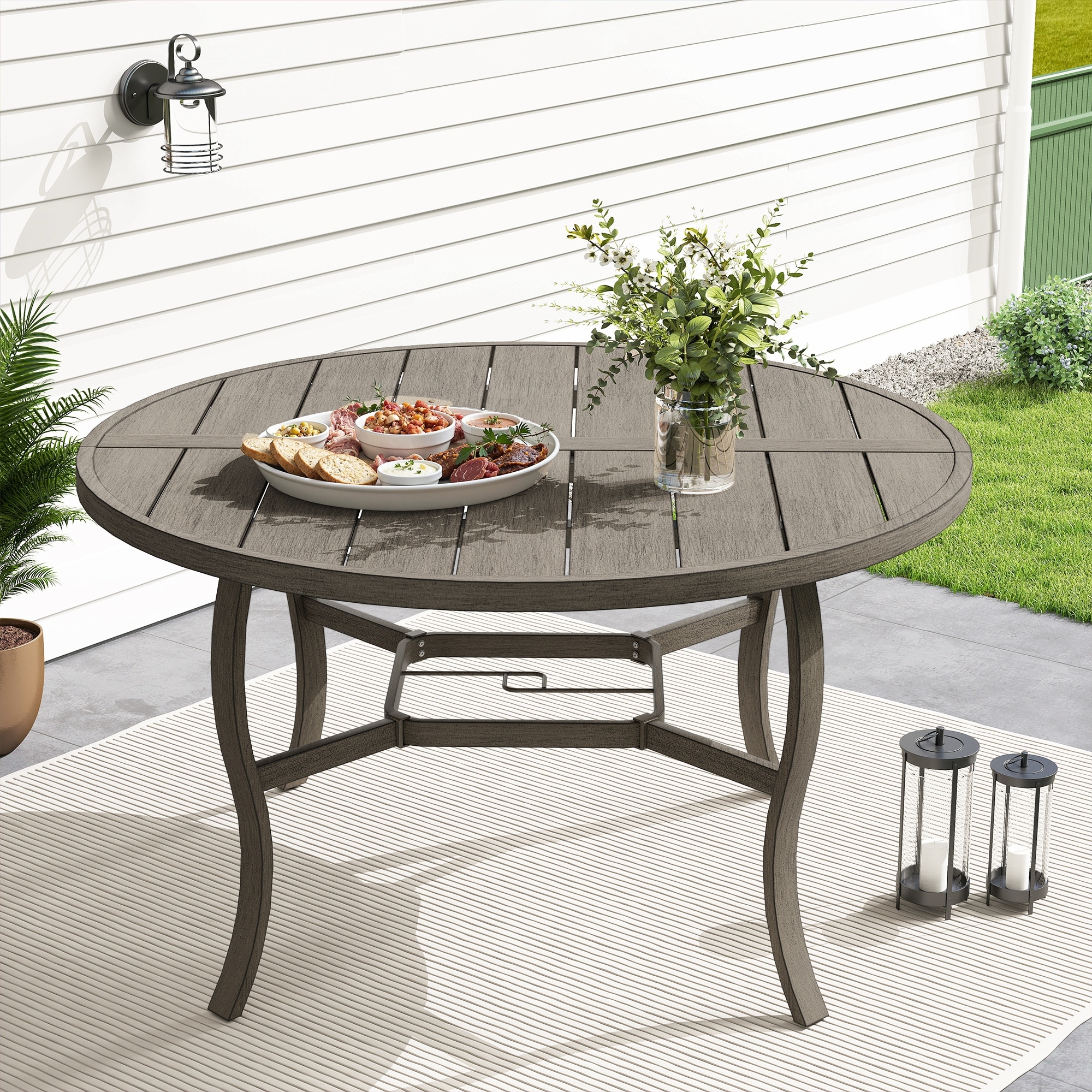 AluLux 52" Round Gray Aluminum Outdoor Dining Table with Umbrella Hole
