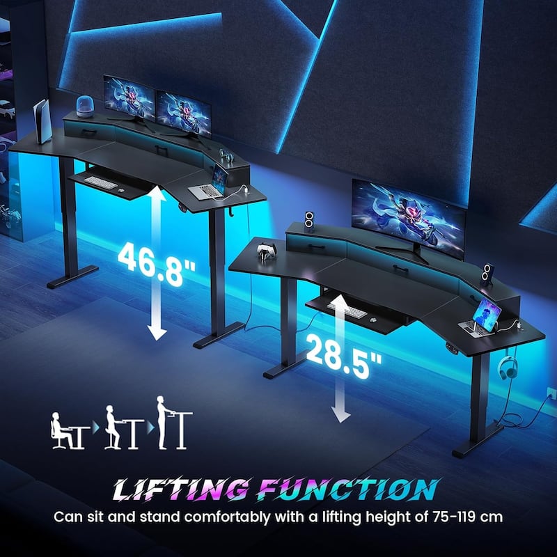 79'' Electric Standing Gaming Desk Drawers Computer Desk Power Outlet Keyboard Tray