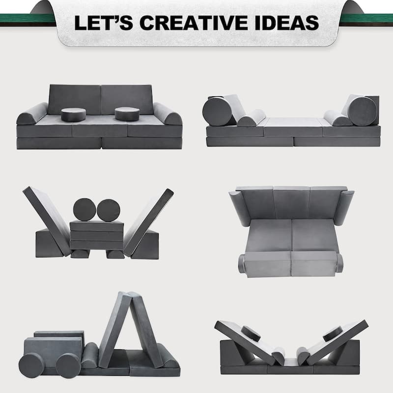 11-Piece Kids Couch Sofa, Convertible Foam and Floor Cushion, Grey - 70.8"×31.5"×19.7"