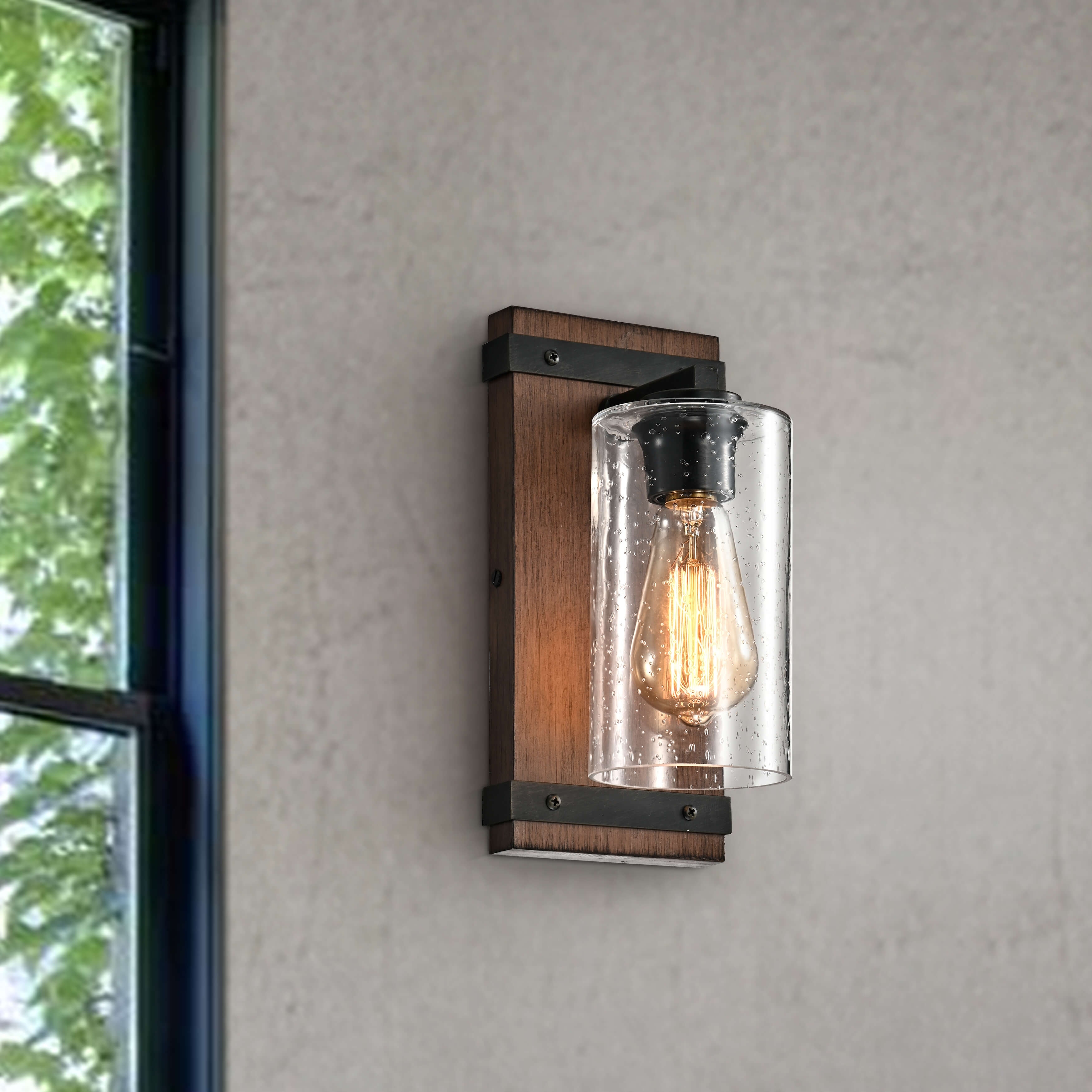 Anastasia Antique Black Metal and Natural Wood Base Glass Wall Sconce - Antique Black