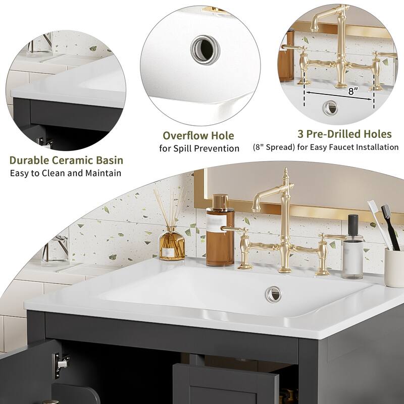 24" Bathroom Vanity with Ceramic Sink, Soft-Close Door, Double-Shelf Storage & 3 Drawers, Solid Wood Frame