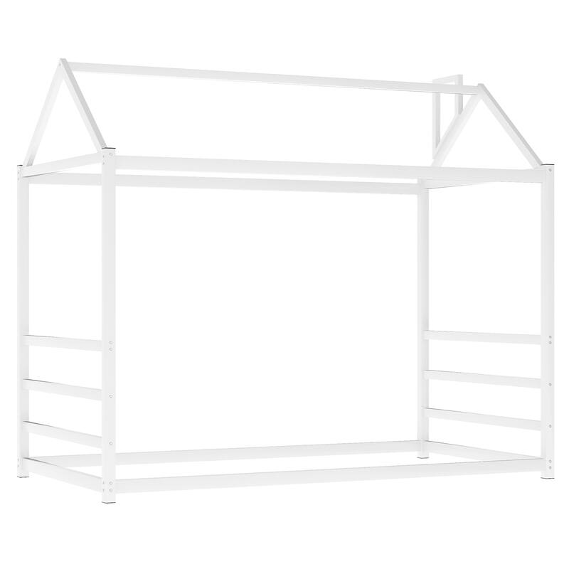 Roomfitters Metal House Platform Bed with Roof and Chimney Design