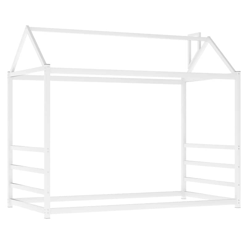 Twin House Platform Bed with Roof and Chimney Design, Metal Frame