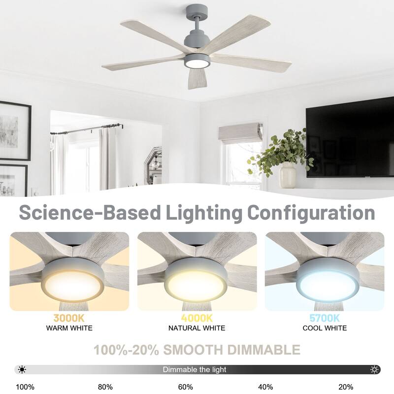 52" Solid Wood Noiseless Ceiling Fans with Dimmable LED Light Optional and Remote, 6-Speed Reversible DC Motor,Smart Optional