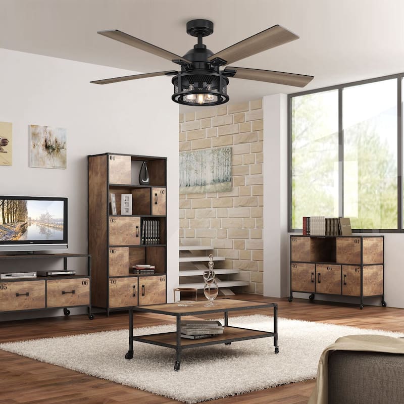 52" Industrial Reversible Wood 5-Blade Black Ceiling Fan with Light and Remote