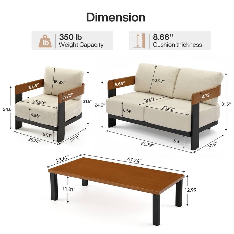 4-Piece Outdoor Patio Sofa Set with Coffee Table Rust-Resistant Steel Frame， Waterproof & UV-Resistant Olefin Cushions