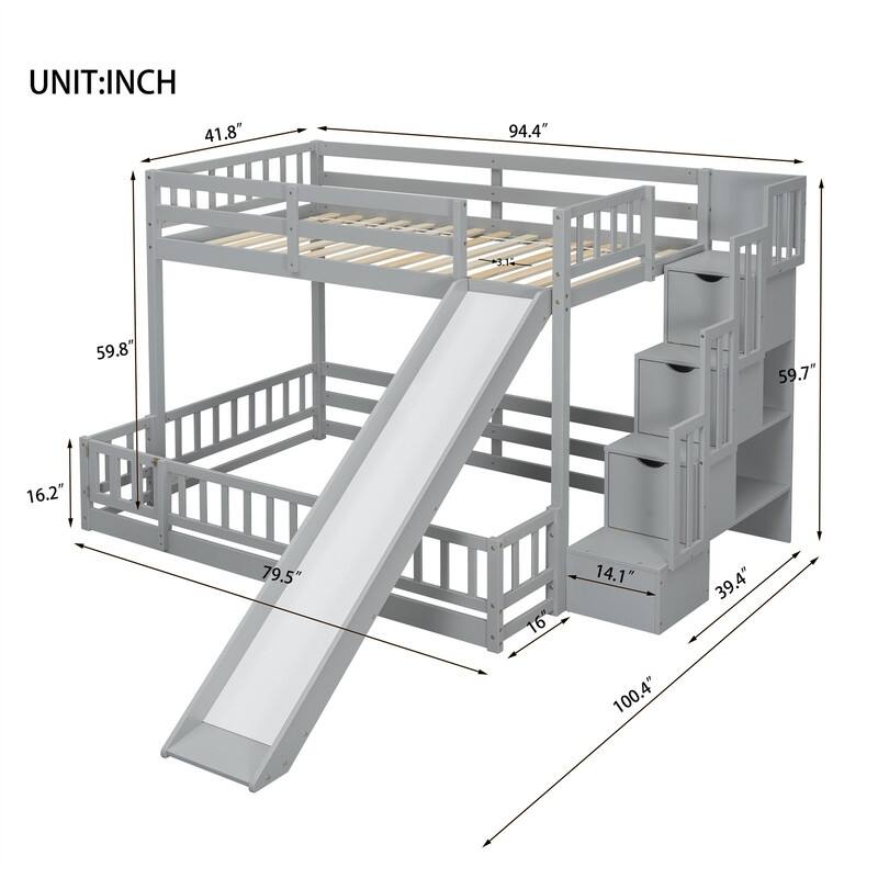 Twin Over Full Multifunctional Kids Bunk Bed Frame with Slide, Wooden Loft Bed with Storage Staircase and Guardrails
