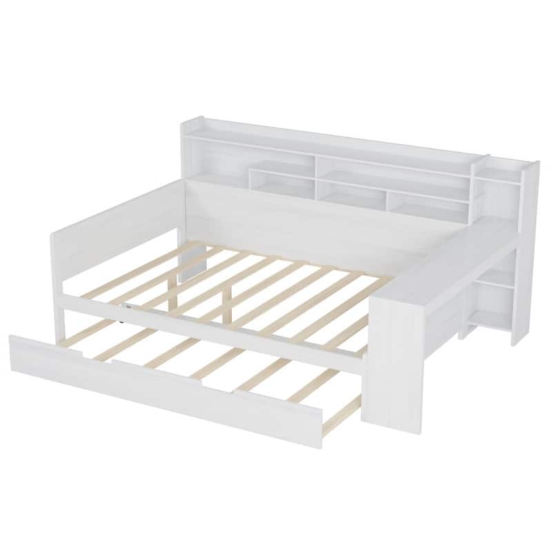 Wooden Daybed with Study Desk and Twin Size Trundle, Twin/Full Size Daybed Frame Sofa Bed with Storage Shelves