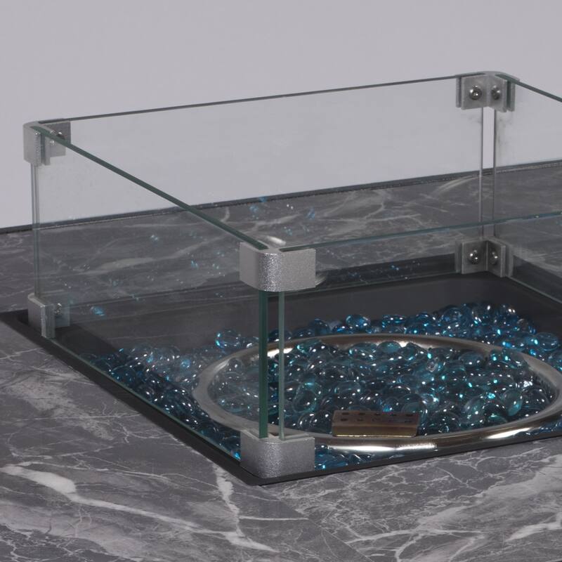 GDFStudio - Callahan 42" Steel Outdoor Fire Pit Table with Marble Tile Top, Glass Wind Guard & 50,000 BTU Flame